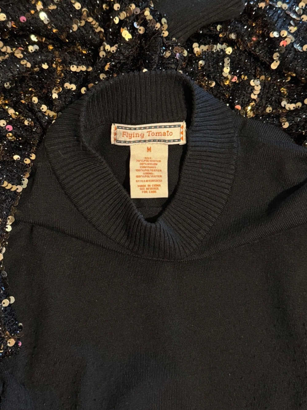 Flying Tomato Black Sweater with Gold-Accent Sequin Grid Sleeves - Picture 5 of 8